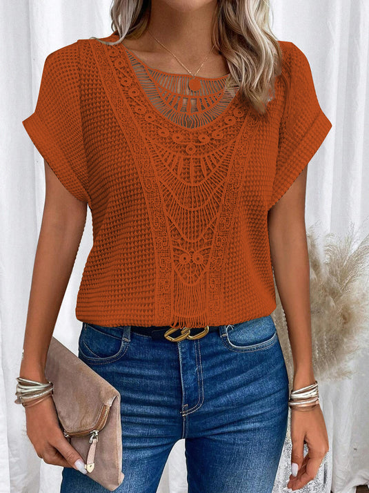 Trendy Summer Crochet Sleeve Shirts Crewneck9