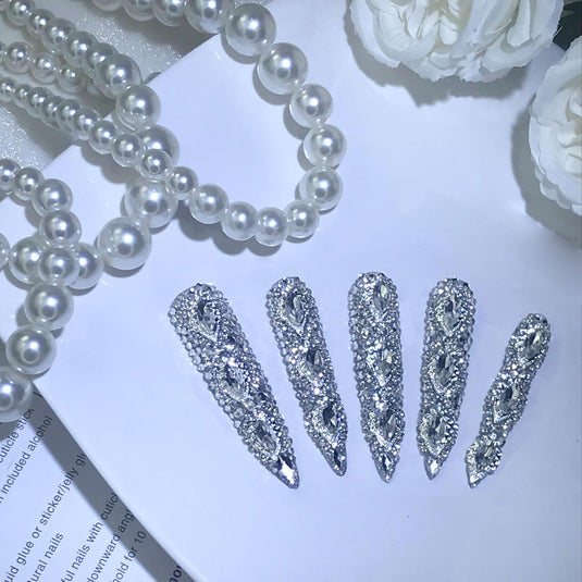 GGddsha Queen Of Haute Style Full Diamond Long AlmondPress On Nails PMMA Acrylic Handmade Nails Full Deluxe 3DCrystal Fake Nails,Glacial Empress