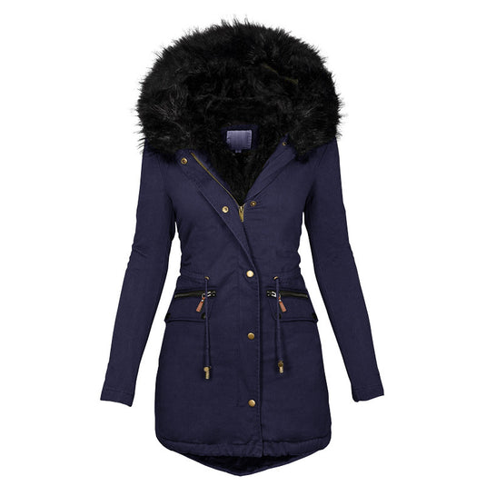 Women's Plush Hooded Parkas Winter Warm Thick Zip-up Jackets Casual Mid-length Solid Buckle Pockets Coat Outerwear Clothing