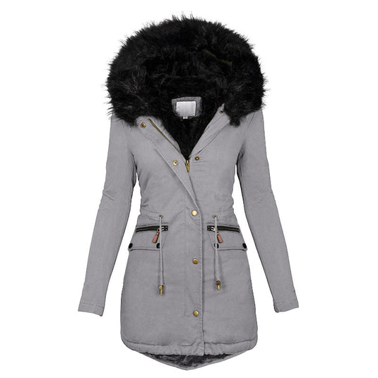 Women's Plush Hooded Parkas Winter Warm Thick Zip-up Jackets Casual Mid-length Solid Buckle Pockets Coat Outerwear Clothing