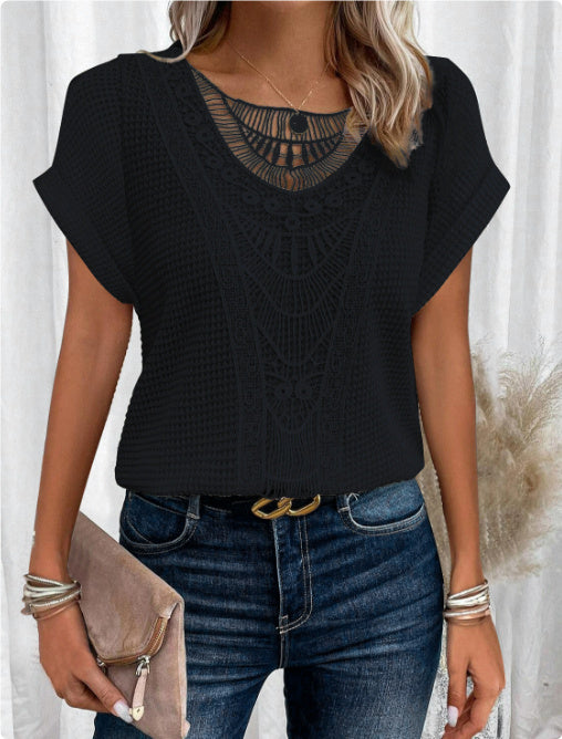 Trendy Summer Crochet Sleeve Shirts Crewneck5