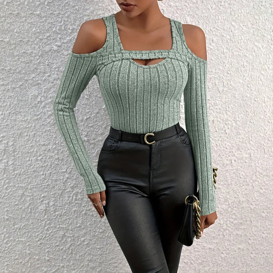 Women’s Ribbed Long Sleeve Top with Cut-Out Front