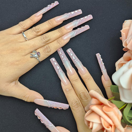 GGddsha New Shiny Crystal Long Press On Nails WithDiamonds Reusable PMA Acrylic Handmade Nails FullDeluxe 3D Crystal Fake Nails W Box Gift For Women,Blush Mirage