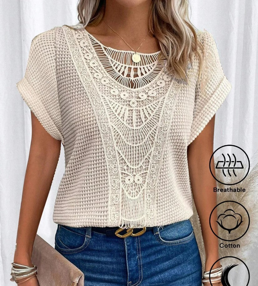 Trendy Summer Crochet Sleeve Shirts Crewneck3