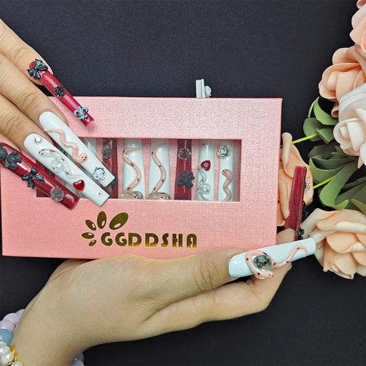 GGddsha Long Handmade PMMA Acrylic Press On Nails WithRhinestone Snake Rose Design, Dark Bear Nails,Reusable Fake Nails W Box, Gift For Women,Scarlet Serpentine