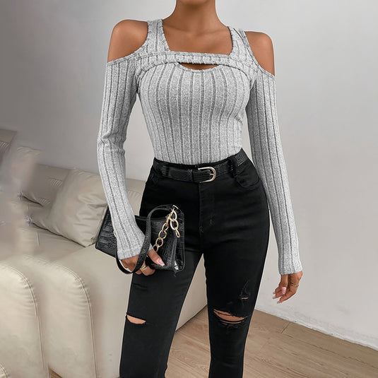 Women’s Ribbed Long Sleeve Top with Cut-Out Front