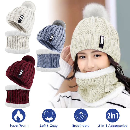 1Set Winter Beanie Hat Scarf Set Women Warm Knitting Skull Cap Neck Warmer For Walking Running Hiking Camping Outdoors Gift