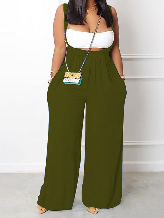 Plus Size Solid Color Pocket Overalls Casual Women's Pants