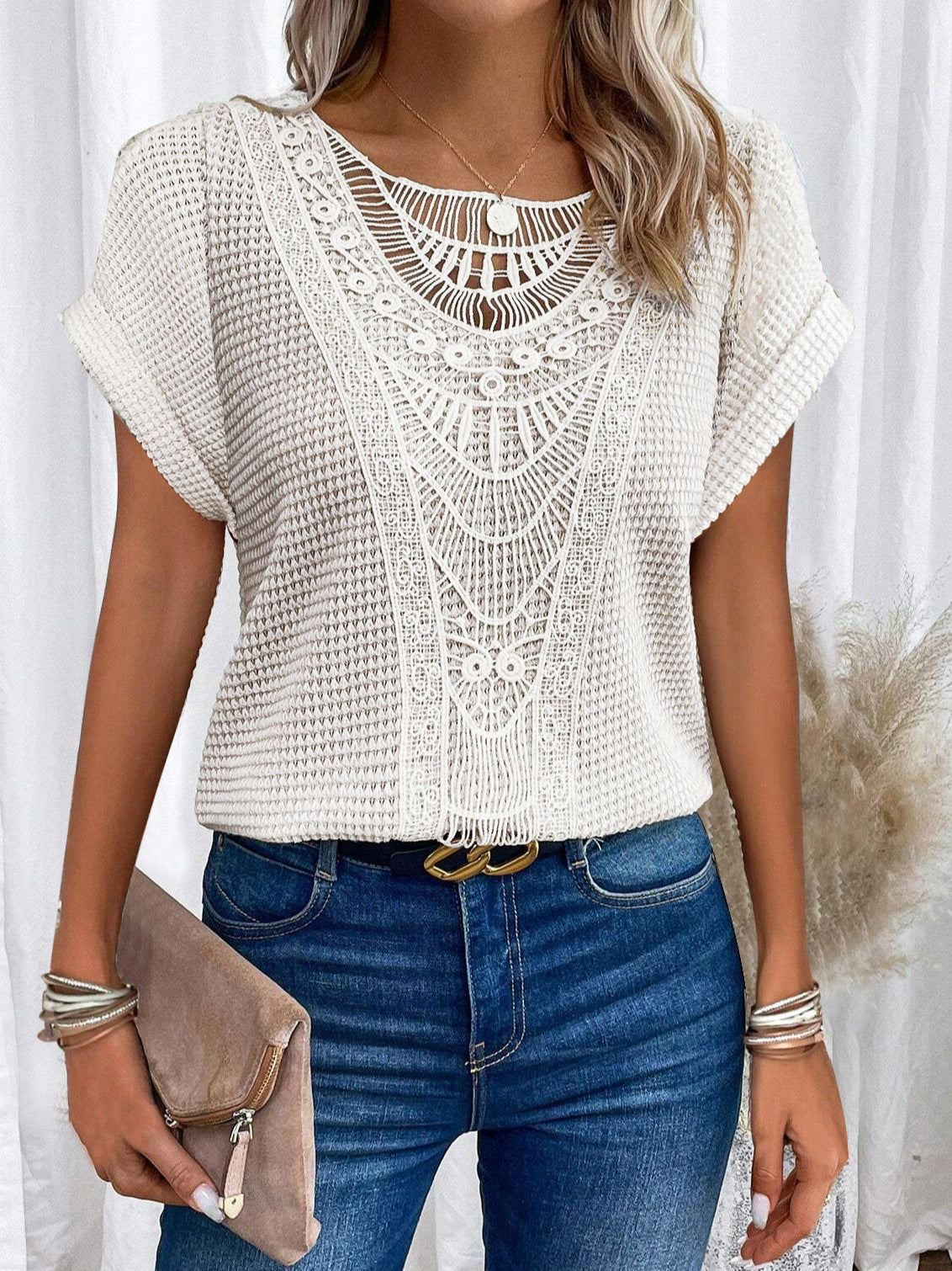 Trendy Summer Crochet Sleeve Shirts Crewneck4
