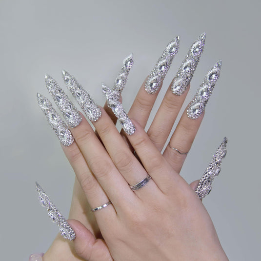 GGddsha Queen Of Haute Style Full Diamond Long AlmondPress On Nails PMMA Acrylic Handmade Nails Full Deluxe 3DCrystal Fake Nails,Glacial Empress