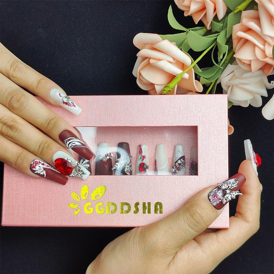GGddsha New Shiny Crystal Long Press On Nails WithDiamonds Reusable PMA Acrylic Handmade Nails FullDeluxe 3D Crystal Fake Nails W Box Gift For Women,Suede Scarlet