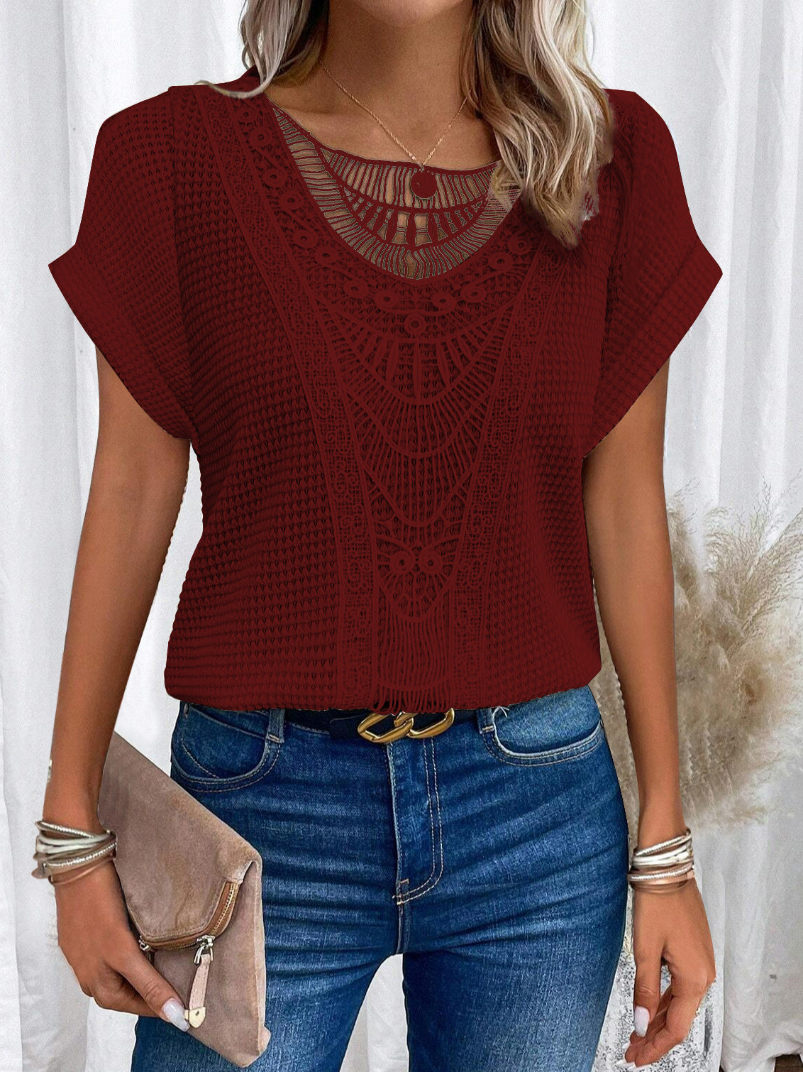 Trendy Summer Crochet Sleeve Shirts Crewneck13