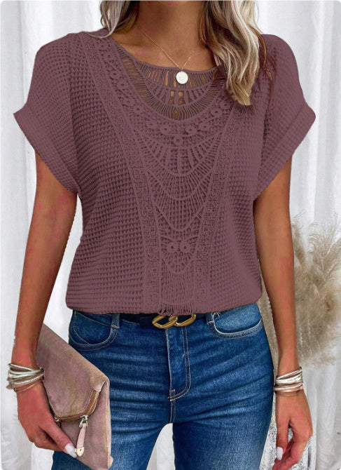 Trendy Summer Crochet Sleeve Shirts Crewneck11