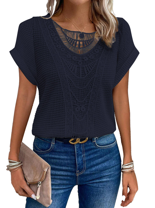 Trendy Summer Crochet Sleeve Shirts Crewneck2