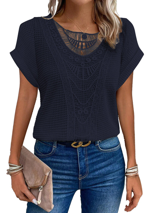 Trendy Summer Crochet Sleeve Shirts Crewneck2
