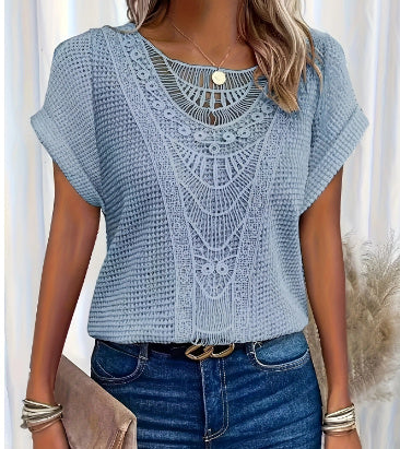 Trendy Summer Crochet Sleeve Shirts Crewneck12