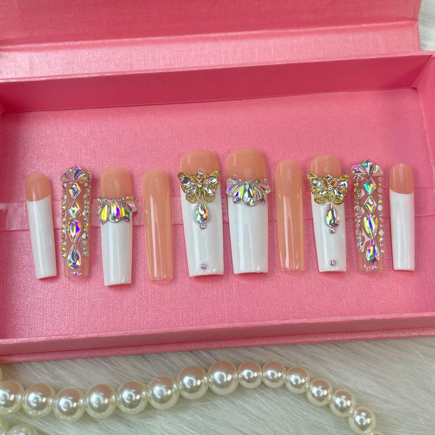 GGDDSHA Nails Press On Nails Medium Fake Nails FalseNails With 3D Flower Designs Nail Press Ons French TipHandmade Acrylic Artificial Nails Summer Natural Stick OnNails For WomenOpal Whisper