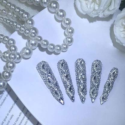 GGddsha Queen Of Haute Style Full Diamond Long AlmondPress On Nails PMMA Acrylic Handmade Nails Full Deluxe 3DCrystal Fake Nails,Glacial Empress