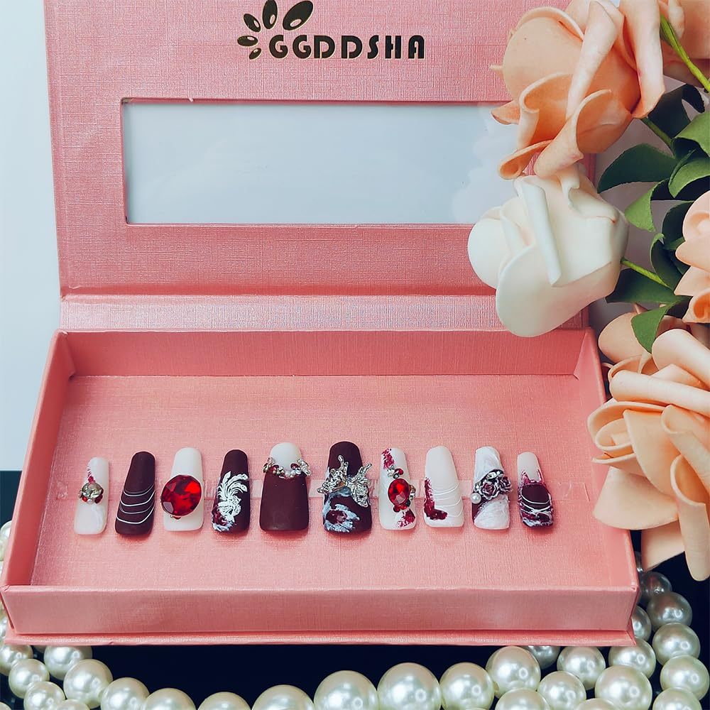 GGddsha New Shiny Crystal Long Press On Nails WithDiamonds Reusable PMA Acrylic Handmade Nails FullDeluxe 3D Crystal Fake Nails W Box Gift For Women,Suede Scarlet