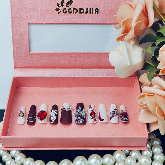 GGddsha New Shiny Crystal Long Press On Nails WithDiamonds Reusable PMA Acrylic Handmade Nails FullDeluxe 3D Crystal Fake Nails W Box Gift For Women,Suede Scarlet