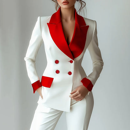 Women's Classic Notch Lapel Blazer, Double-Breasted Long Sleeve Jacket With Color-Block Waist Definition