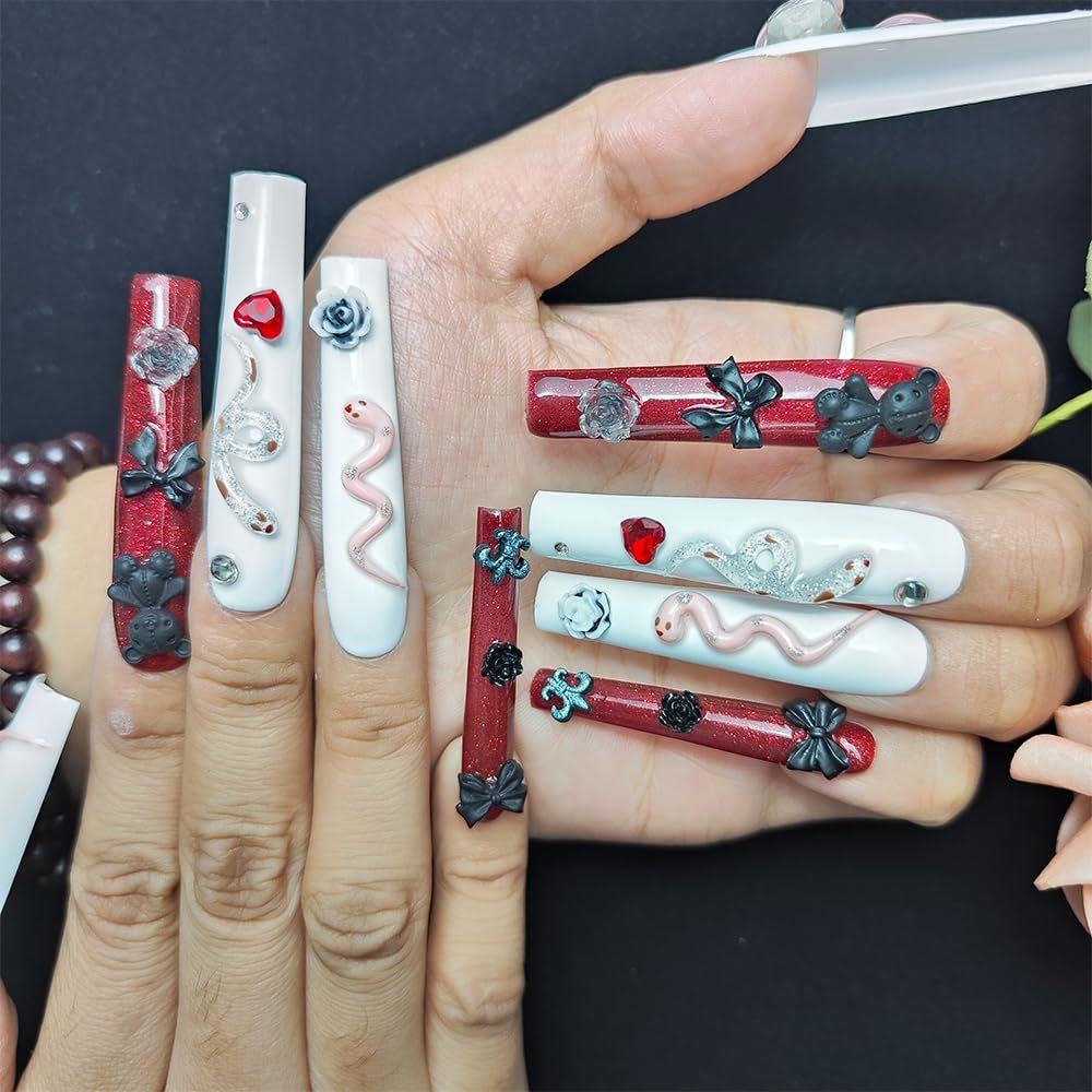 GGddsha Long Handmade PMMA Acrylic Press On Nails WithRhinestone Snake Rose Design, Dark Bear Nails,Reusable Fake Nails W Box, Gift For Women,Scarlet Serpentine