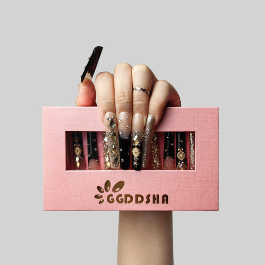 GGDDSHA Nails Handmade Press On Nails Long PinkDesign By Nail Technician, Handmade Painted Nail ArtReusable Stick On Nails In S,M,L 3Sizes,Eclipse Elegance