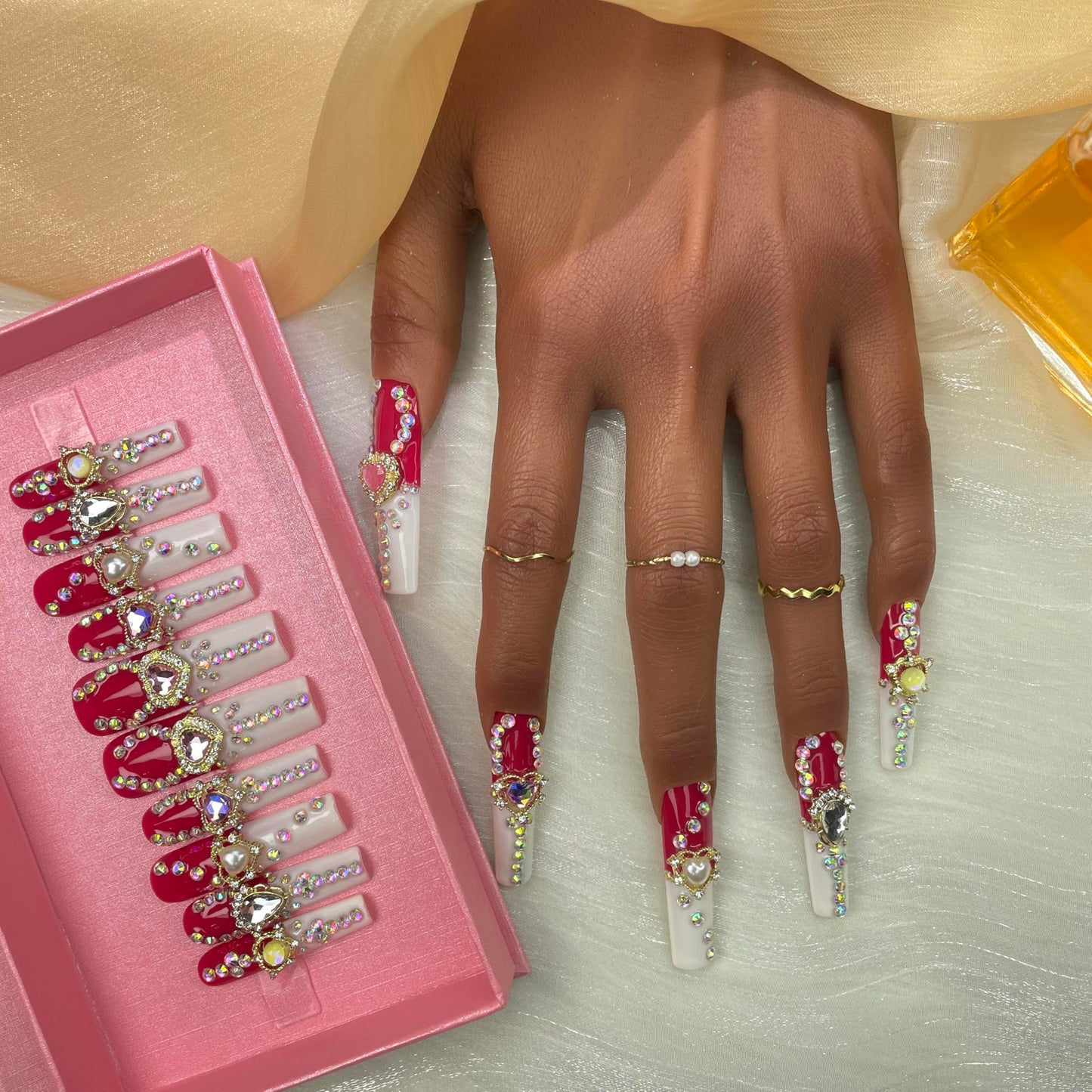 GGDDSHA Nails 10pcs Handmade Press On Nails - GlitterGold Diamond Extra Long Stiletto Reusable Gel UV FinishedFalse Nails, Designer Fashion 3D Hand-painted NailsMedium Size,Harmony Spark