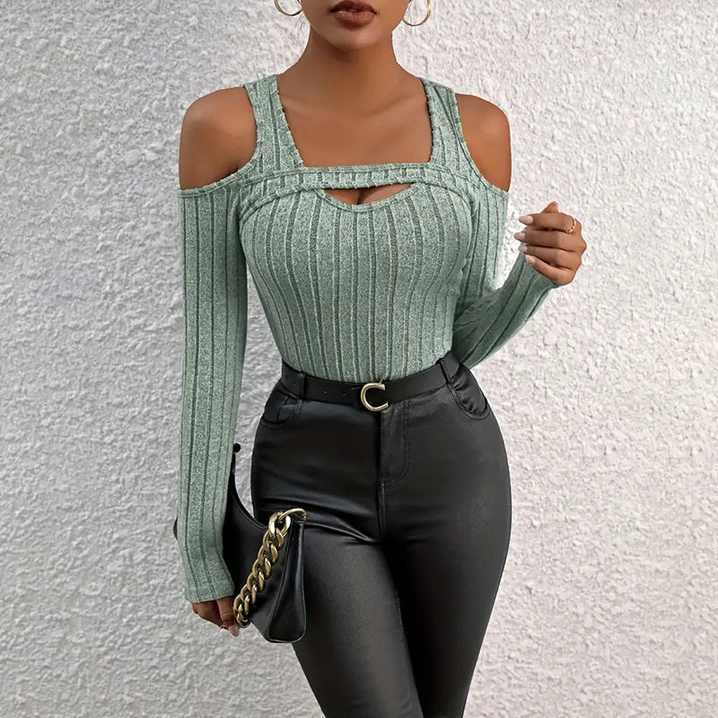 Women’s Ribbed Long Sleeve Top with Cut-Out Front