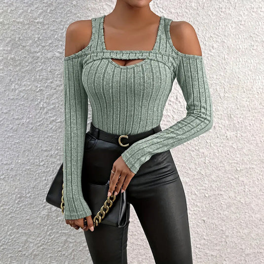 Women’s Ribbed Long Sleeve Top with Cut-Out Front