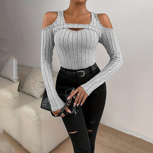 Women’s Ribbed Long Sleeve Top with Cut-Out Front