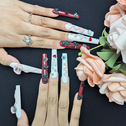 GGddsha Long Handmade PMMA Acrylic Press On Nails WithRhinestone Snake Rose Design, Dark Bear Nails,Reusable Fake Nails W Box, Gift For Women,Scarlet Serpentine