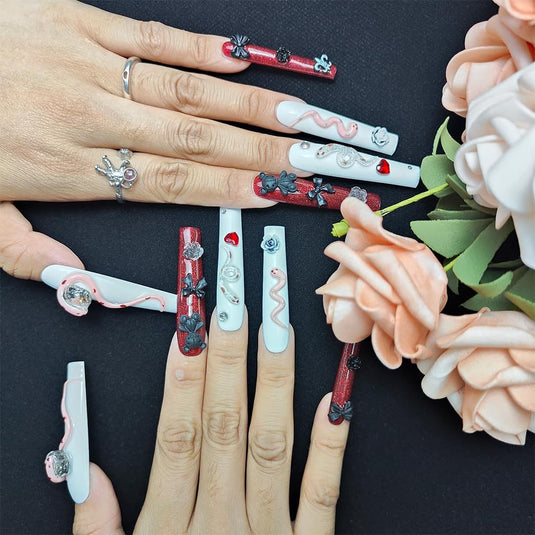 GGddsha Long Handmade PMMA Acrylic Press On Nails WithRhinestone Snake Rose Design, Dark Bear Nails,Reusable Fake Nails W Box, Gift For Women,Scarlet Serpentine