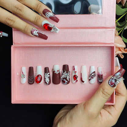 GGddsha New Shiny Crystal Long Press On Nails WithDiamonds Reusable PMA Acrylic Handmade Nails FullDeluxe 3D Crystal Fake Nails W Box Gift For Women,Suede Scarlet