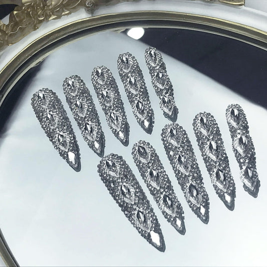 GGddsha Queen Of Haute Style Full Diamond Long AlmondPress On Nails PMMA Acrylic Handmade Nails Full Deluxe 3DCrystal Fake Nails,Glacial Empress