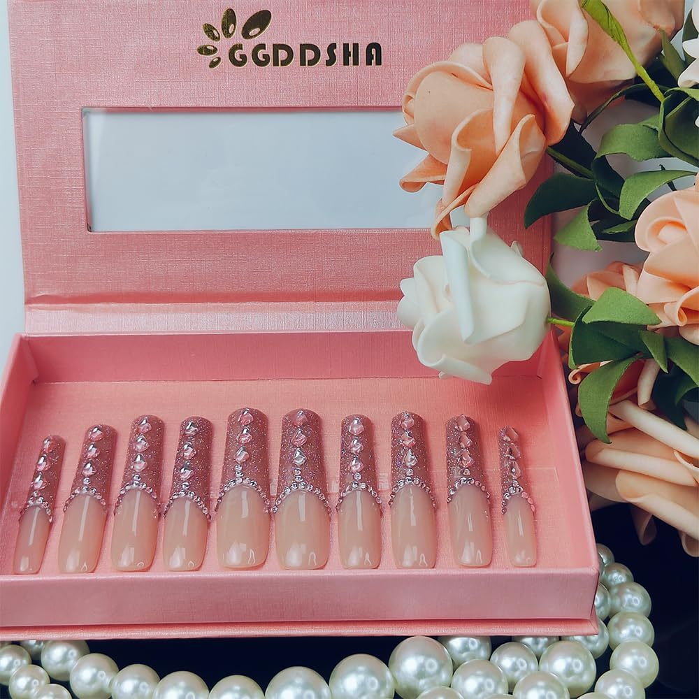 GGddsha New Shiny Crystal Long Press On Nails WithDiamonds Reusable PMA Acrylic Handmade Nails FullDeluxe 3D Crystal Fake Nails W Box Gift For Women,Blush Mirage