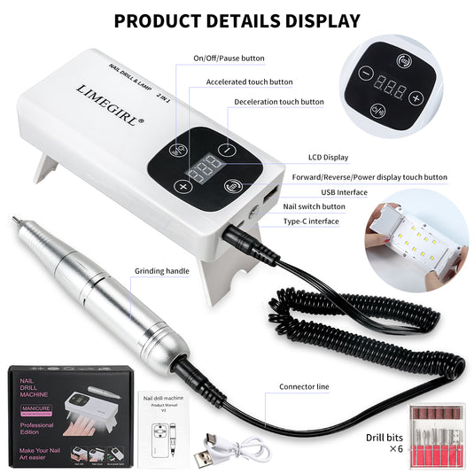 Portable Nail Drill Machine - 2-in-1 Portable Nail Drill Machine - 45000RPM Electric Professional Nail Lathe With LED Lamp - Nail Salon Dryer Electric Professional Nail Lathe With UV LED Light Nail