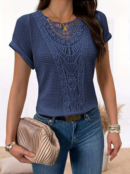 Trendy Summer Crochet Sleeve Shirts Crewneck7