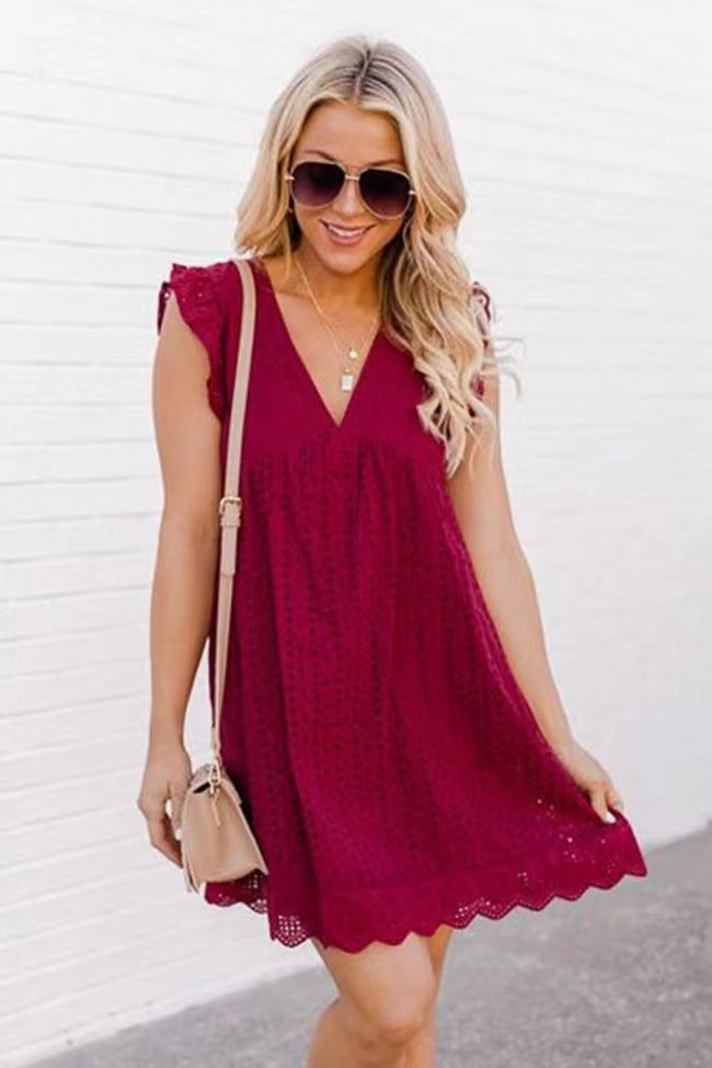 Summer Sleeveless Jacquard Cutout V-Neck Beach Dress 2
