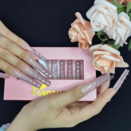 GGddsha New Shiny Crystal Long Press On Nails WithDiamonds Reusable PMA Acrylic Handmade Nails FullDeluxe 3D Crystal Fake Nails W Box Gift For Women,Blush Mirage