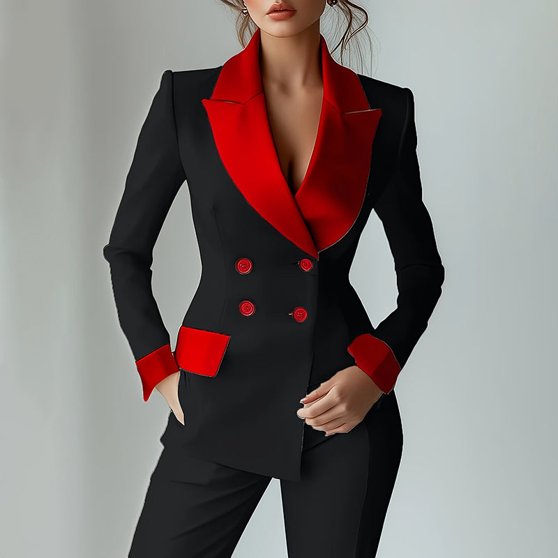 Women's Classic Notch Lapel Blazer, Double-Breasted Long Sleeve Jacket With Color-Block Waist Definition