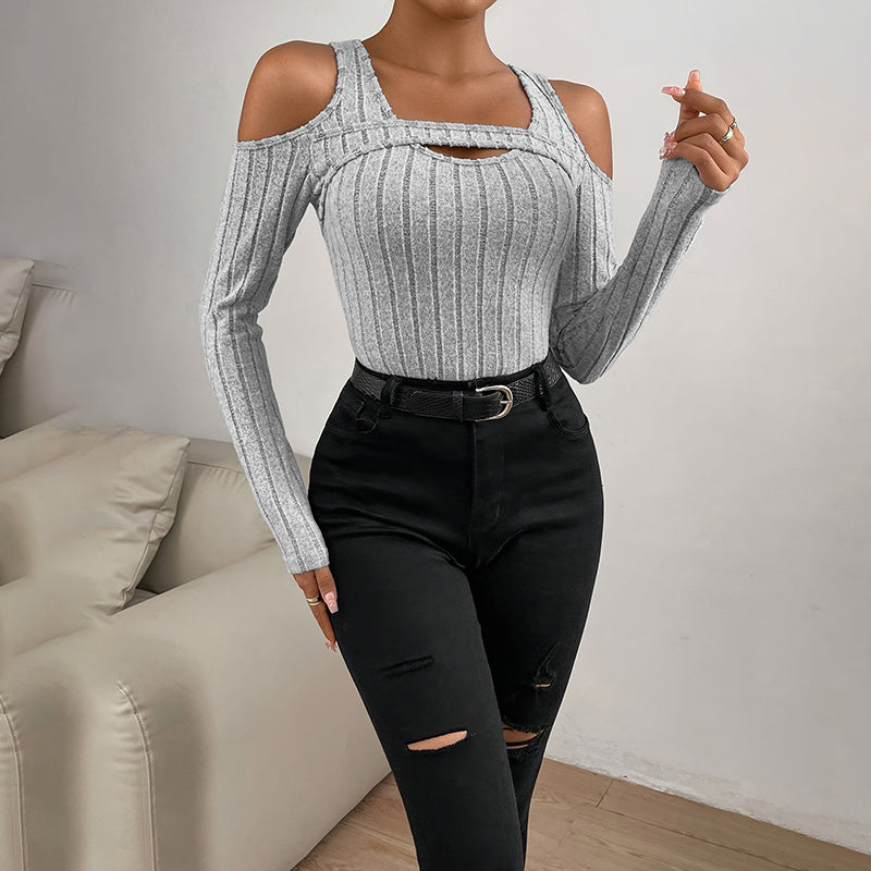 Women’s Ribbed Long Sleeve Top with Cut-Out Front