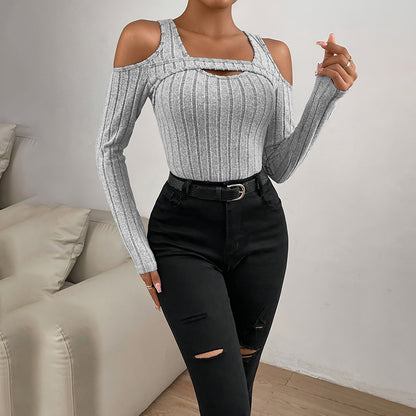 Women’s Ribbed Long Sleeve Top with Cut-Out Front