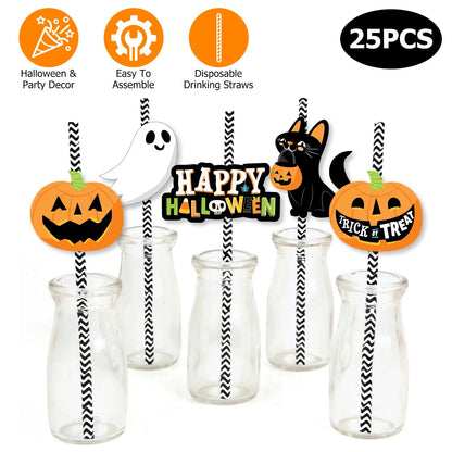 Set Of 25Pcs Halloween Party Striped Decorative Straws Disposable Drinking Straws Paper Straw Decor Happy Halloween Ghost Lantern Black Cat Halloween Party Supplies
