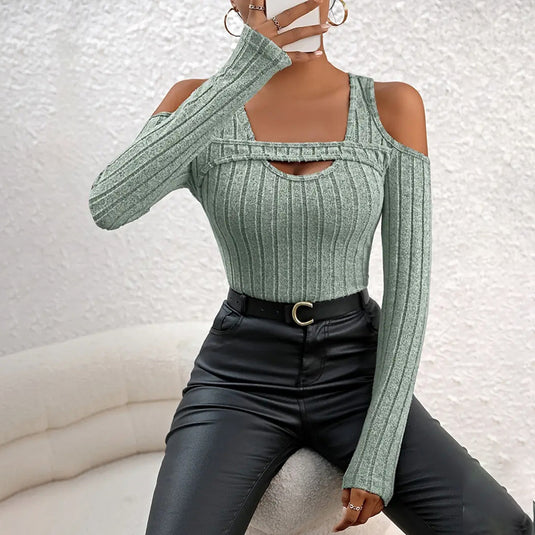 Women’s Ribbed Long Sleeve Top with Cut-Out Front