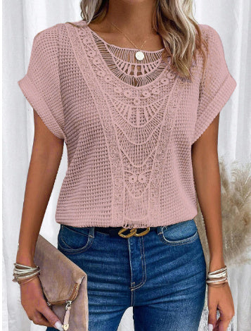 Trendy Summer Crochet Sleeve Shirts Crewneck10