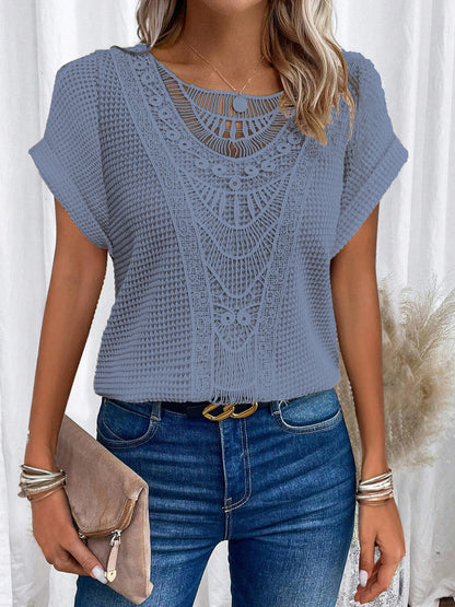 Trendy Summer Crochet Sleeve Shirts Crewneck6