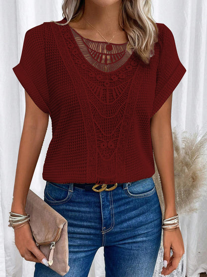 Trendy Summer Crochet Sleeve Shirts Crewneck13