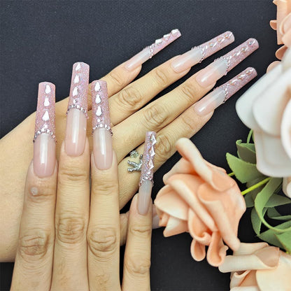 GGddsha New Shiny Crystal Long Press On Nails WithDiamonds Reusable PMA Acrylic Handmade Nails FullDeluxe 3D Crystal Fake Nails W Box Gift For Women,Blush Mirage