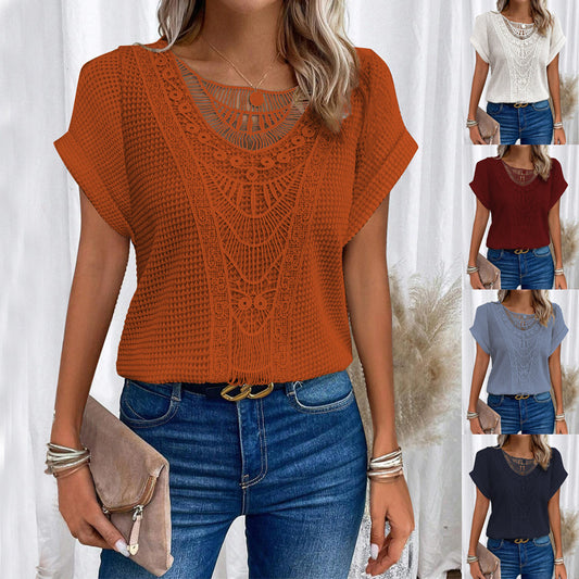 Trendy Summer Crochet Sleeve Shirts Crewneck1